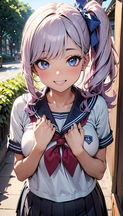 ( top quality:1.2, 4K, 8k,  very detailed, up to date,  vibrant,  high detail,   Masterpiece  :1.2,  top quality,  best aesthetics), ((( 1 girl))), ＪＫ,  sailor suit ,  pleated skirt ,  Please open your mouth slightly :1.2, smile, ( light purple hair, Full ...