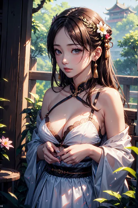   Masterpiece  ,非常に詳細なCGユニティ8kof壁紙,1人of女of子, beautiful,  realistic , Blur, Blur_background, Blur_ foreground, branch, brown_hair, 梅of花, Depth_of_Field,  earrings for a woman alone, flower, gem, nose,  realistic , Alone,Chinese clothes,Fingers are hidden, H...