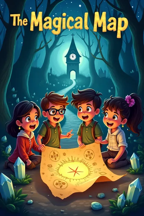 Create a captivating eBook cover for a rens adventure story titled "The Magical Map." The cover should feature a group of four ren—a boy and a girl around 10-, with diverse appearances (one with short brown hair, another with long black hair, one with glas...