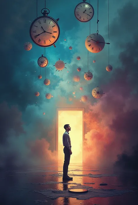 "Create an abstract, surreal scene that conveys the concept of impossible to explain, but a fact. The image features a series of mysterious, floating objects such as clocks, keys, and doors that appear to defy the laws of physics. A figure stands in the ce...