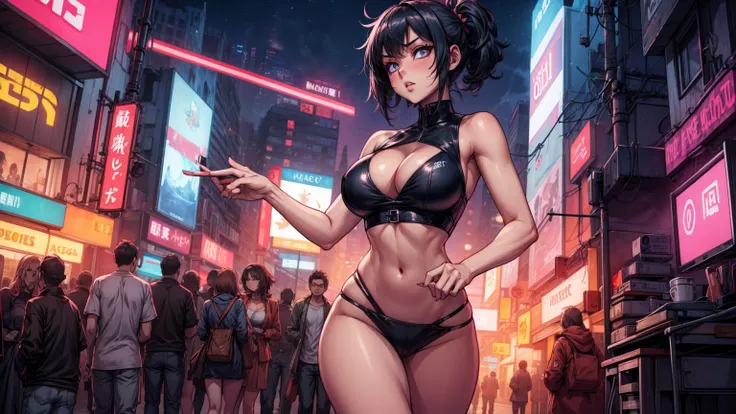 sexy anime 1girl, aesthetic, vanilla, cleavage, night, neon city, lofi, big , crop top
