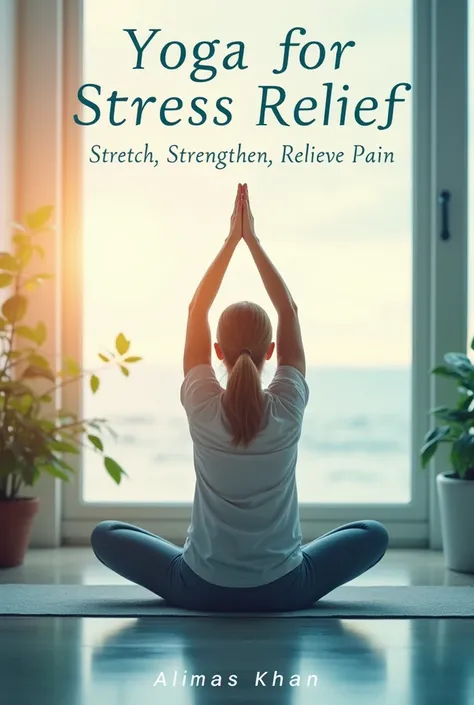 A calming and healing book cover design for a book titled Yoga for Stress Relief with the subtitle Stretch, Strengthen, Relieve Pain. The cover should evoke a sense of tranquility and healing, using soothing colors like soft blues, greens, and light purple...