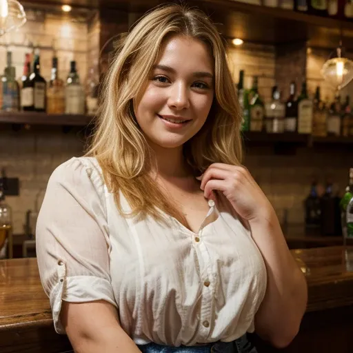 masterpiece, realistic, at a bar, cute woman, ((plus size)) , blouse, short, long blond hair, smiling