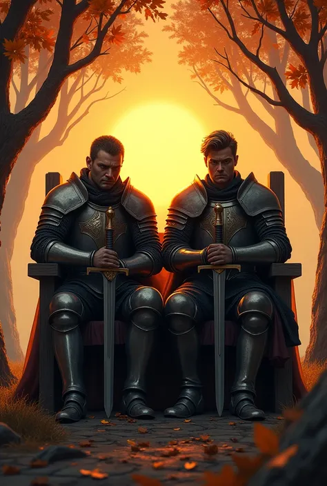 2 knights sitting on a wooden chair, enjoy the sunset, it’s autumn, leaves are flying in the air, it’s cozy, more dark vibe, more realistic , more voilent