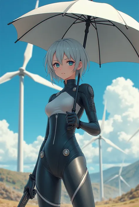  wind power ,  female character, Use an umbrella as a weapon,  anime style, Use a white short-haired , Sky Blue Eyes,  Fair Skin ,  sci-fi style combat suit,  sluggish expression , hyundai