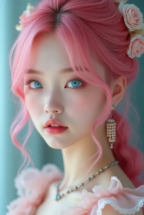 Asian woman, idol, pink hair, blue eyes, white skin, Lolita dress, gorgeous face detail, fashionable clothe detail