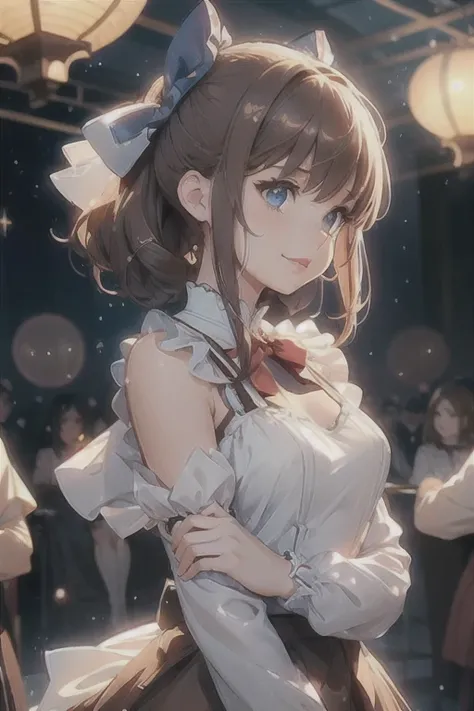 (extremely delicate and beautiful: 1.2), 1girl, bangs, blue eyes, blur, blur background, bow, brown hair, shut up, side view, hair between eyes, hair bow, lantern, light particles, long sleeves, look looking at audience, medium hair, night, red bow, solo, ...