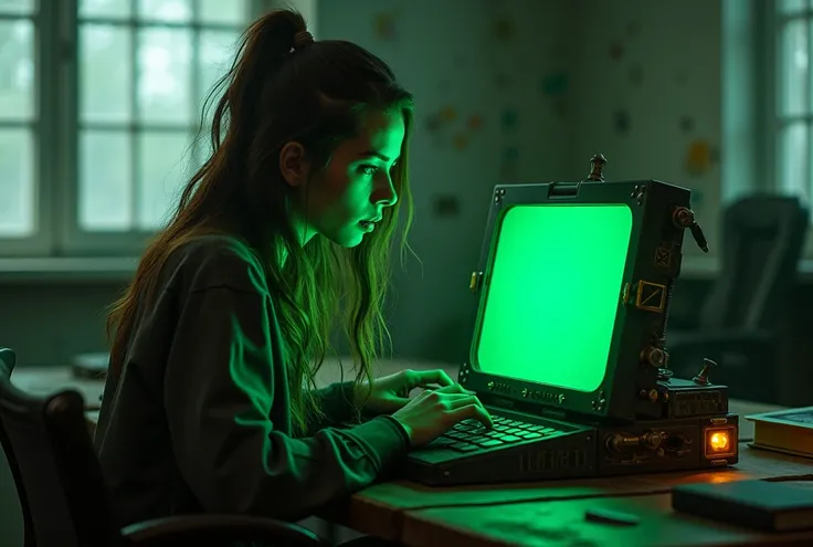  laptop inspired by an old typewriter.  Green phosphor screen .  Beautiful female hacker working with the laptop . steampunk. retrofuturism. Inspired by H .R. Giger,  post-apocalyptic office , nURBEX, URBEX, ( RAW photo,  better quality ), (realistic, Phot...