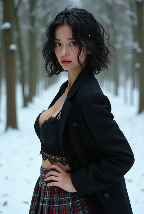 winter Forest,drop dead gorgeous bitch girl, sexy Latin face girl ,black short hair twisted half-up half-down, sexy School Uniform, filigree plaid skirt, long filigree black blouse, big breasts, cleavage, unbottunThinking, wearing white lace lingerie and t...