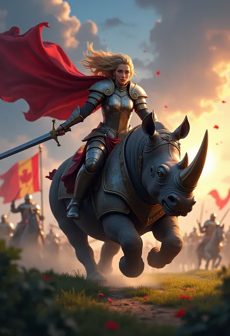 A fierce female medieval warrior astride a majestic rhino, charging through a lush, battle-torn landscape. The warrior, clad in gleaming plate armor adorned with intricate engravings, wields a gleaming broadsword in one hand and a crimson banner in the oth...