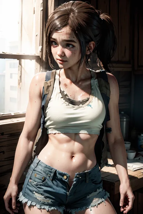 girl, summer, sweaty, short shorts, nerdy, white tank top, tlou, torn clothes, unzipped