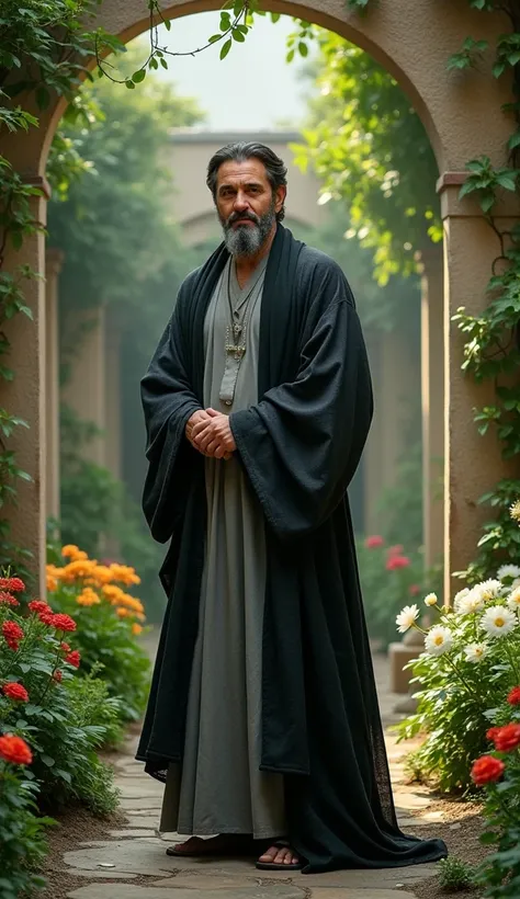 Photo of Hafez Shirazi standing in the middle of a garden with traditional Islamic dress in gray and black