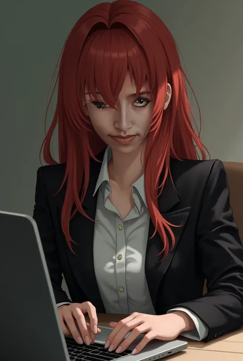 A very beautiful girl with her eyes open looking in front of me,  sitting at a desk where there is a laptop with his hands on the desk,  with long loose hair, red and semi-wavy , with clear eyes,  with black bleizer and white shirt , 