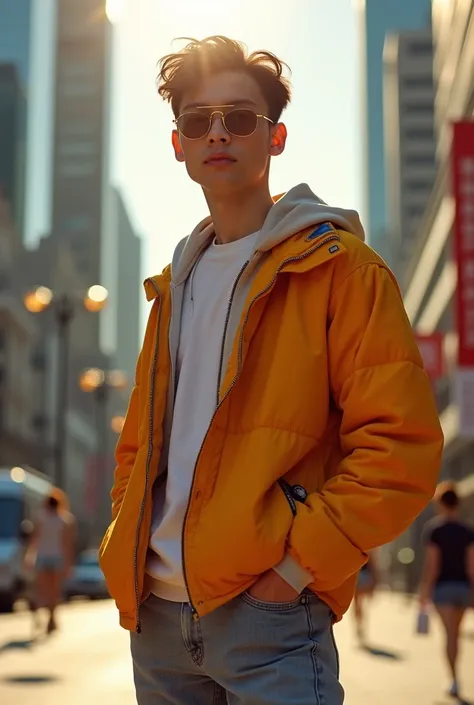 A fashionable young person standing in soft sunlight, dressed casually with a modern cityscape in the background. Sharp details and vibrant tones highlight both the subject and the environment."