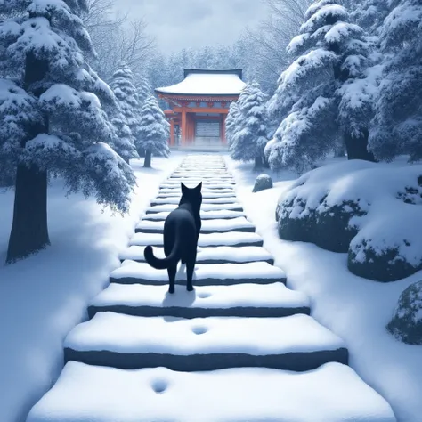 Realistic, theme is "footprints in the snow", stone steps of a Japanese temple, snow piled up all over, a black cat walking up the snow-covered stone steps, cat footprints walking from the foreground to the background in the foreground of the scene, close-...