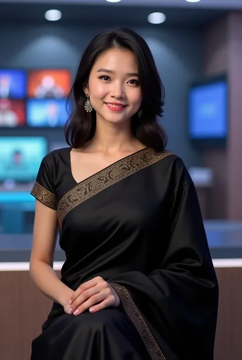 A beautiful face young girl news reader with black saree full sleeves sit news background 