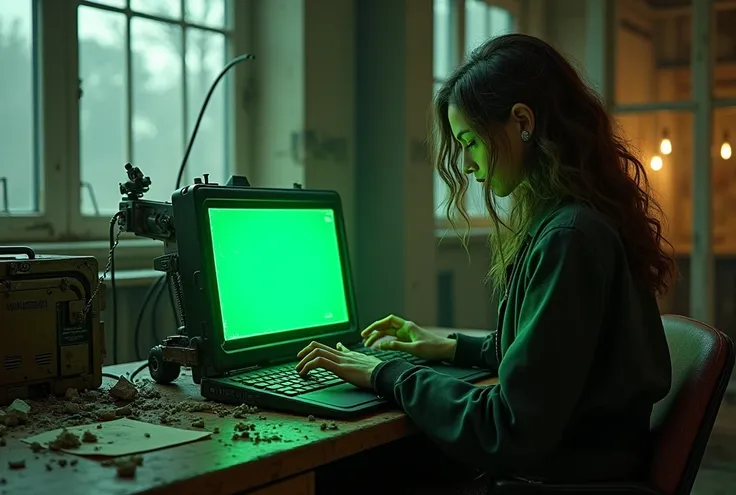  laptop inspired by an old typewriter.  Green phosphor screen . Beautiful female hacker working with the laptop . steampunk. retrofuturism. Inspired by H .R. Giger,  post-apocalyptic office, Ruins, derbis , Detritus, nURBEX, URBEX, ( RAW photo,  better qua...