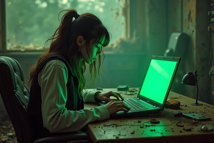  laptop inspired by an old typewriter.  Green phosphor screen . Beautiful female hacker working with the laptop . steampunk. retrofuturism. Inspired by H .R. Giger,  post-apocalyptic office, Ruins, derbis , Detritus, nURBEX, URBEX, ( RAW photo,  better qua...