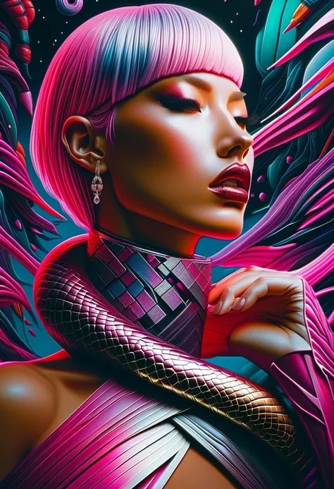 Cyberpunk l close up pink haired female with a white anaconda around her neck, portrait, clear sharp focus, featuring a dark and eerie atmosphere hyper realistic, 8K professional photography art, photorealistic masterpiece: by aaron horkey and jeremy mann:...