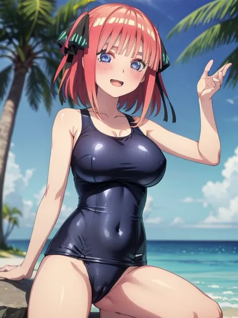 masterpiece,1 female, large breasts, blush, cheerful eyes, Perfect hands, Perfect Anatomy, one-piece swimsuit, swimsuit side ribbon, shameless pose, nino nakano, pussy