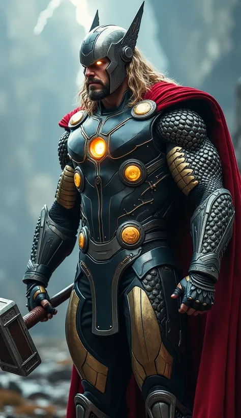 "Create a realistic hybrid creature that combines the features of Thor and Iron Man. The creature should have the body armor and helmet design of Iron Man, but with Norse mythology-inspired details, such as Thors intricate Viking-style patterns and a glowi...