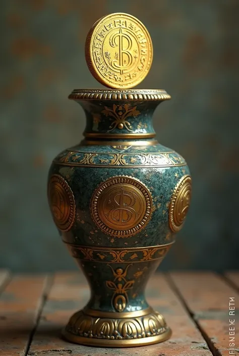 a card with a coin on it on top of a vase
