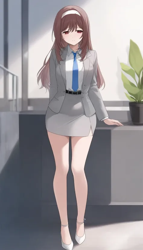 Mizuho Yuki、Brown Hair、 long hair、bangs、White hair band、sad face 、Red Eyes、 full body style that reflects your whole body、Normal milk、 narrow waist 、Bare legs、 in a suit、 Grey Jacket , collared shirt 、 white shirt、 blue tie,belt,Grey Tight Skirt, black tig...