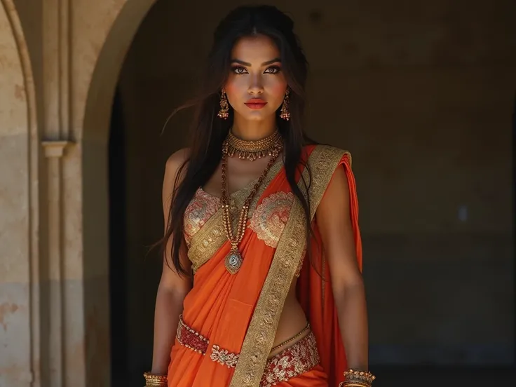 gorgeous sexy WOMEN WEARING saree , ancient sex goddess , perfect figure , big boobies , showing her round belly button , sexy deep navel , curvy waist , thick legs , slutty makeup , dark eyeliner , HOT red lips , long hairs , earrings , shinny ornaments ,...