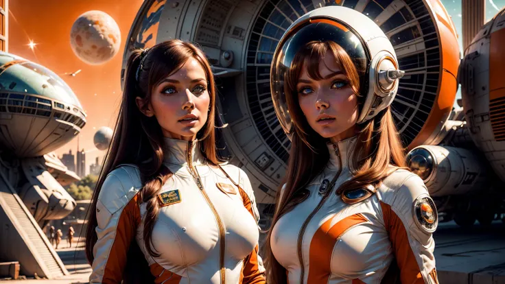 arafed image of a white woman in a futuristic suit with a spaceship in the background, movie art, in front of an orange background, inspired by Robert McGinnis, female protagonist, megastructure in the background, portrait of an ai astronaut, astronauts, a...