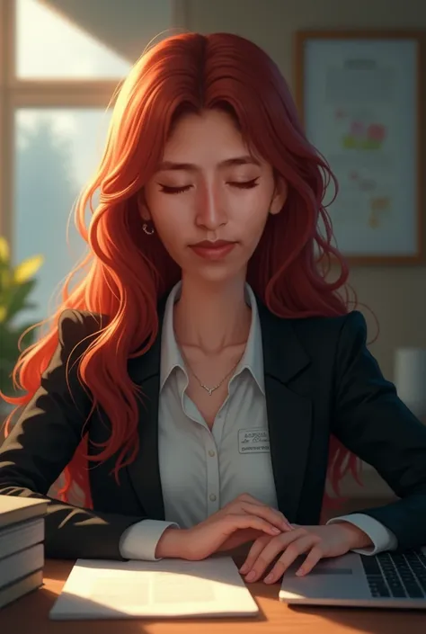  A very beautiful girl with open eyes, looking in front of me ,  sitting at a desk where there is a laptop with his hands on the desk,  with long loose hair, red and semi-wavy , with clear eyes,  with black bleizer and white shirt , 