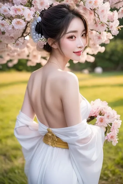  Young woman dressed as a geisha , rasgos asiáticos muy marcados, porcelain skin,  wasps waist,  developed body,   glowing eyes  , delicate smile,  shiny lips, marked clavicles , White Hands, Warm , in a field of blossoming almond trees ,  holds a decorate...