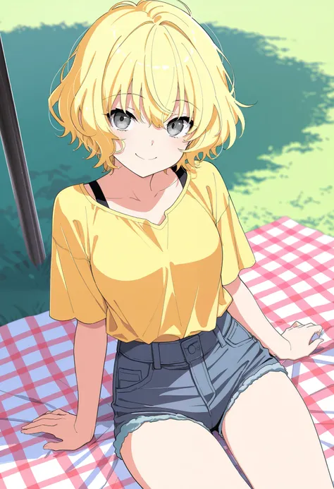 masterpiece, best quality, score_9, score_8_up, score_7_up, score_6_up, score_5_up, score_4_up, source_anime, 1girl, wavy hair, messy short cut, blonde hair, grey eyes, wearing denim shorts, yellow shirt, on a picnic, smiling