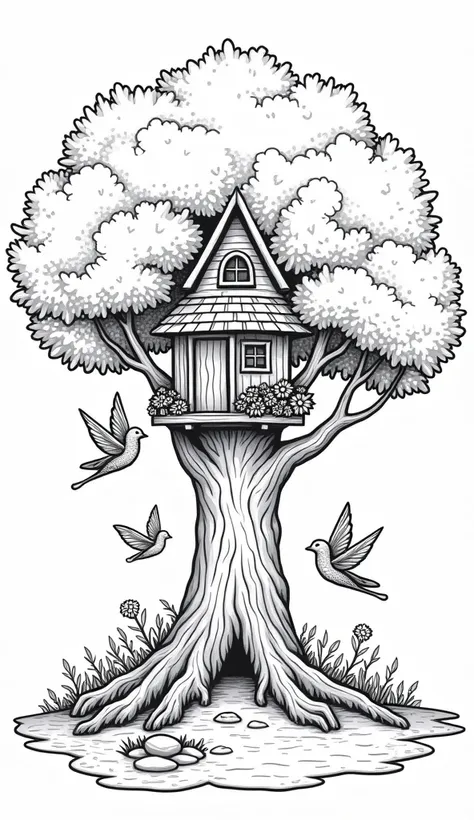 ((in the forest)),fantasy, [giant tree with a magical
treehouse], fairies are flying, white and black, coloring book for s, simple, adult coloring book, no detail, outline no color, fill frame, edge to edge, clipart white background