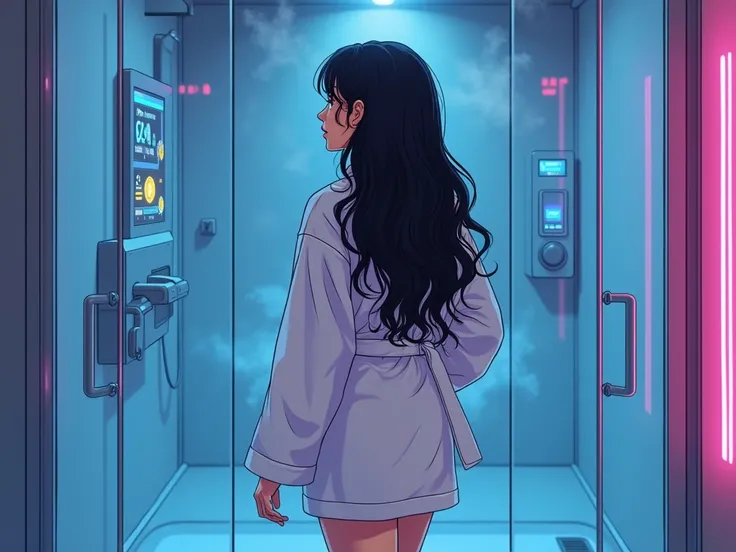 cartoon style, cozy cyberpunk apartment bathroom, a 20s Korean woman with long waved black hair, visibly damp from a shower, stepping out of a modern glass shower with steam swirling around her, wearing a soft white bathrobe slightly loose around her shoul...