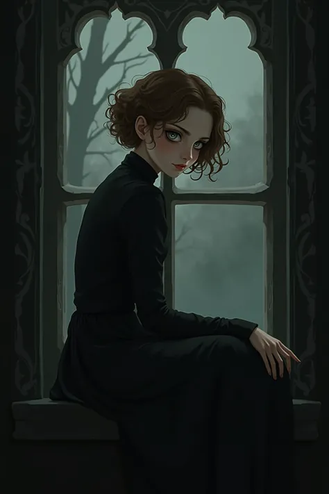 girl with curly brown hair, pale skin, green eyes with dark circles, dressed in black and sitting in a Victorian style window