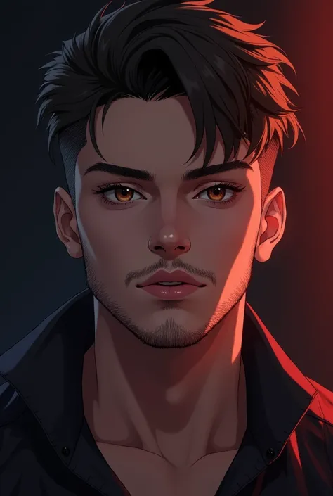 Black & dark Red theme on background hot cute boy 18 years age like me having taper fade short length cut and faded beard with beautiful light brown eyes with sexy lips and beautiful eyelashes and having a sexy jawline and round nose in anime realistic sty...