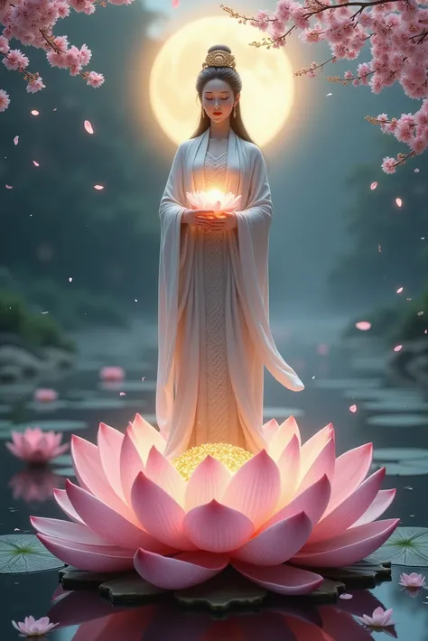 A highly realistic and cinematic depiction of a serene female deity inspired by the Guanyin Bodhisattva. The deity is standing gracefully on a large, fully bloomed pink lotus flower platform, with her bare feet delicately placed on the petals. She wears a ...