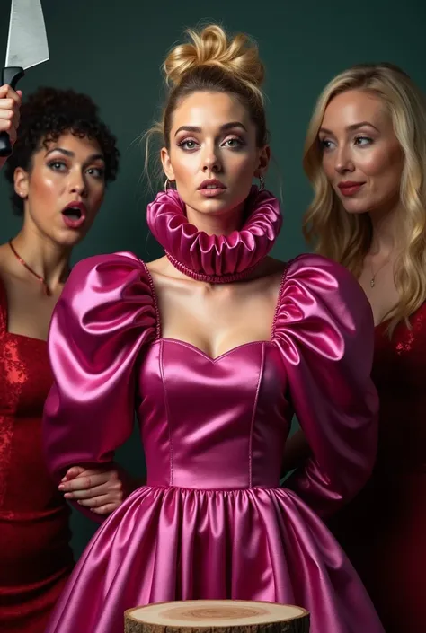 (realistic photograph sideways close up), (a smiling surprised willing beautiful Caucasian lady with (messy hair bun) and wearing (excessive shiny fuchsia silk dress with (long gigantic puff sleeves), (and with an ultra high tight stand-up collar up to her...