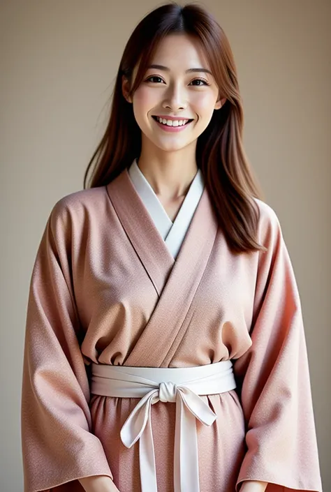 A asian woman is in plain japanses print koso1,white thin sash with knot ,full-body-shoto, smile:1.3