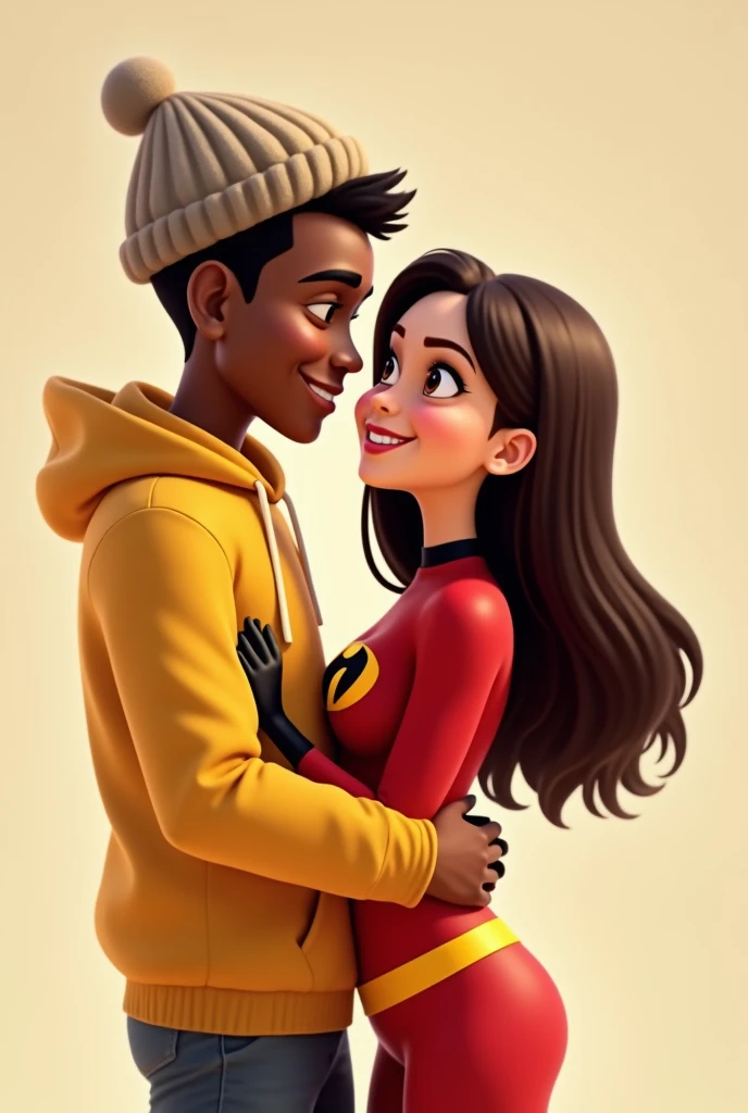 A COUPLE, The dark-skinned man , short straight hair, delgado, high,  with yellow Hoddie and sweater hat on  .  The white-skinned woman ,  straight long brown hair, slim,  dressed as Elastigirl . animated,  hugging each other with only one hand and looking...