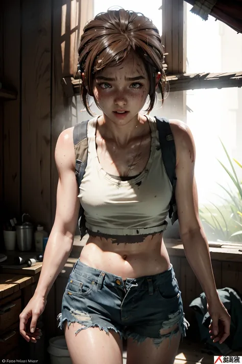 girl, summer, sweaty, short shorts, nerdy, white tank top, tlou, torn clothes, unzipped