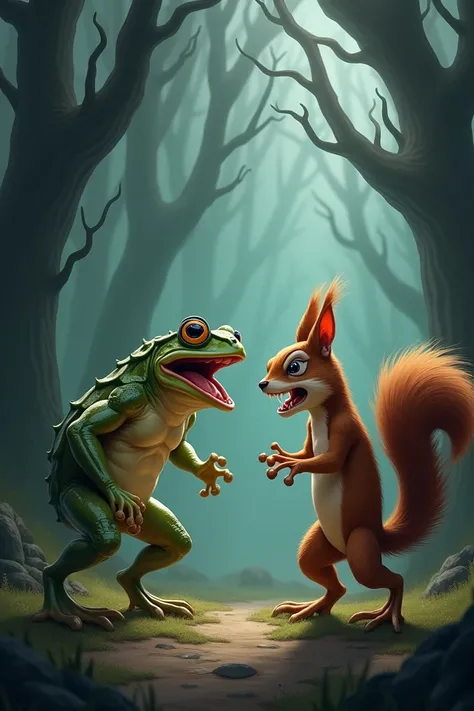 "Create a dramatic scene where a frog and a squirrel are placed together, both in an angry stance, facing each other. The frog has its mouth open in a snarl, eyes narrowed, with its strong legs poised for action, showing its irritation. The squirrel, with ...