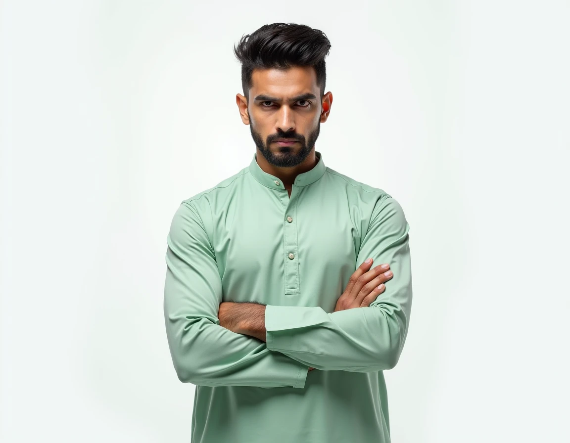 An intense and confident young & fair pakistani man with neatly styled dark hair and a trimmed beard, wearing a traditional light green outfit. He is standing with his arms crossed and looking directly at the viewer. his expression is angry & arrogant , Th...