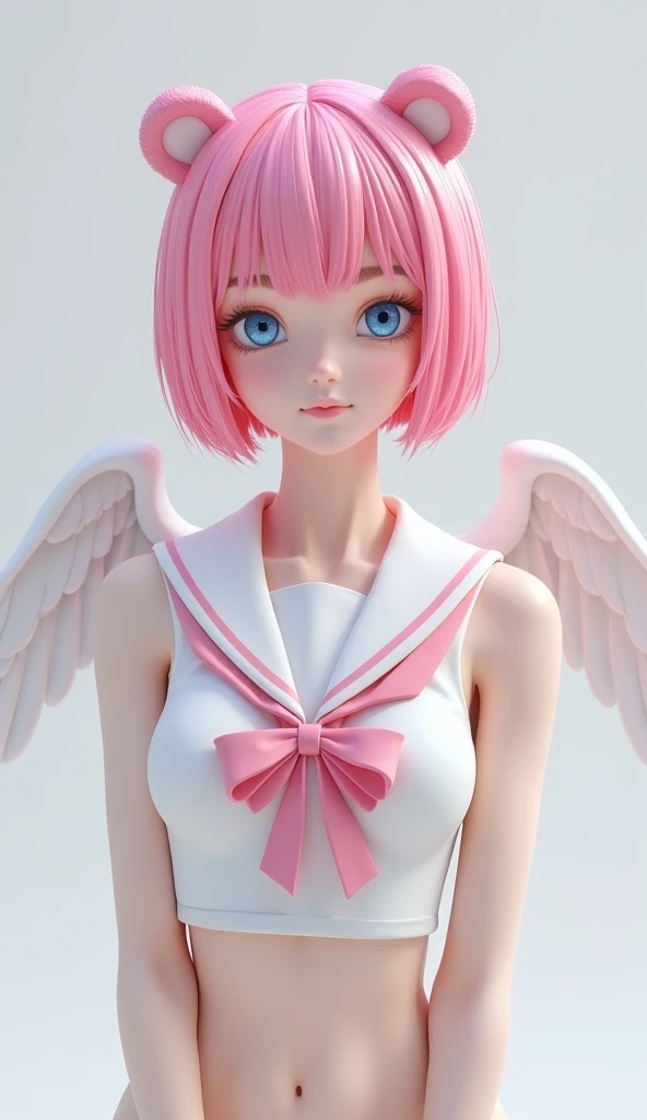 Ski style , 1girl,  solo ,  Pink Hair,  animal ears , blue eyes,  Wings ,  staring at the viewer , mole, Bangs, short hair,  Bow Down , sailor collar,  simple background, white sailor collar, mole under mouth, hair  Bow Down , pink  Bow Down , Shut up, shi...