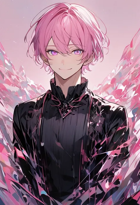  handsome, Alone, 1 male,  shorthair, Pink Hair, Pink Eye, Smiling face、 plain background