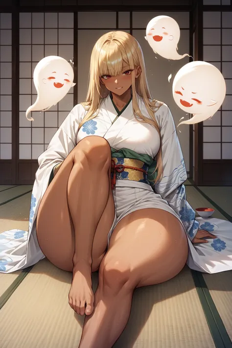 A white ghost, tall, tanned skin, Long hair with bangs, blonde hair, kimono, fallen sleeves, covered eyes. senos enormes, bottomheavy, gigantic ass, massive thighs,(obra maestra, altamente detallado, la mejor calidad, 8k), detailed feet, subsurface scatter...