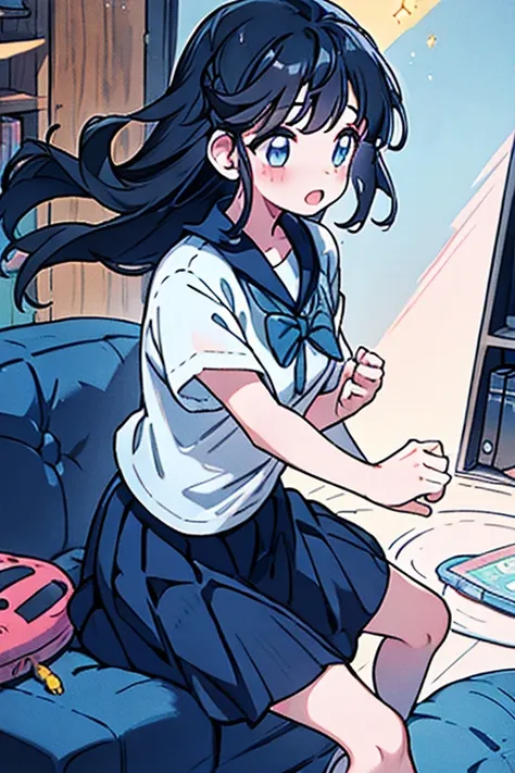 a girl , long black hair, dancing in a room (living room), pastel blue shirt and navy blue skirt 