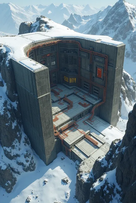 Schematic shot of the entire interior of a large luxurious metal and rock bunker in the Alaskan Mountains as seen from above.