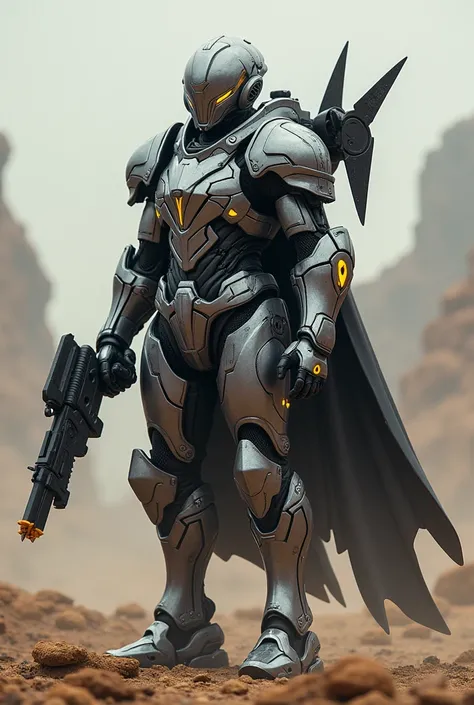 Superpower tech knight armor with a mini-gun attachment on the right shoulder and carrying a lance as well as shield