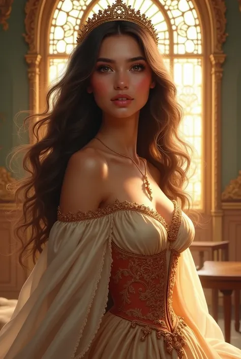  Beautiful girl with long wavy hair, queen dress 